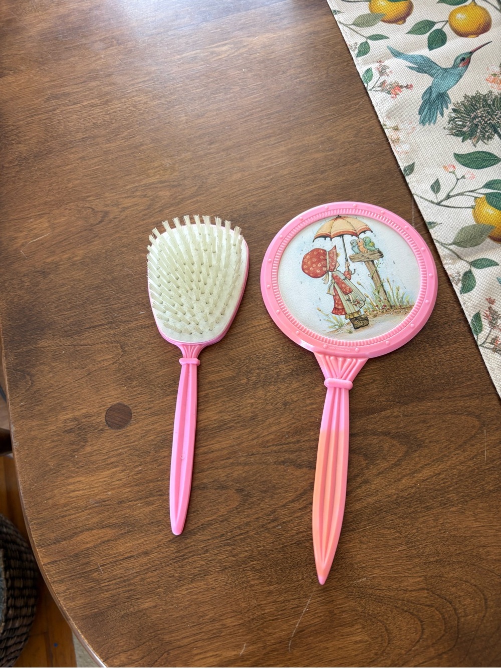 Vintage 1970s Vanity Set Mirror Nylon Brush Sarah Kay / Holly Hobbie